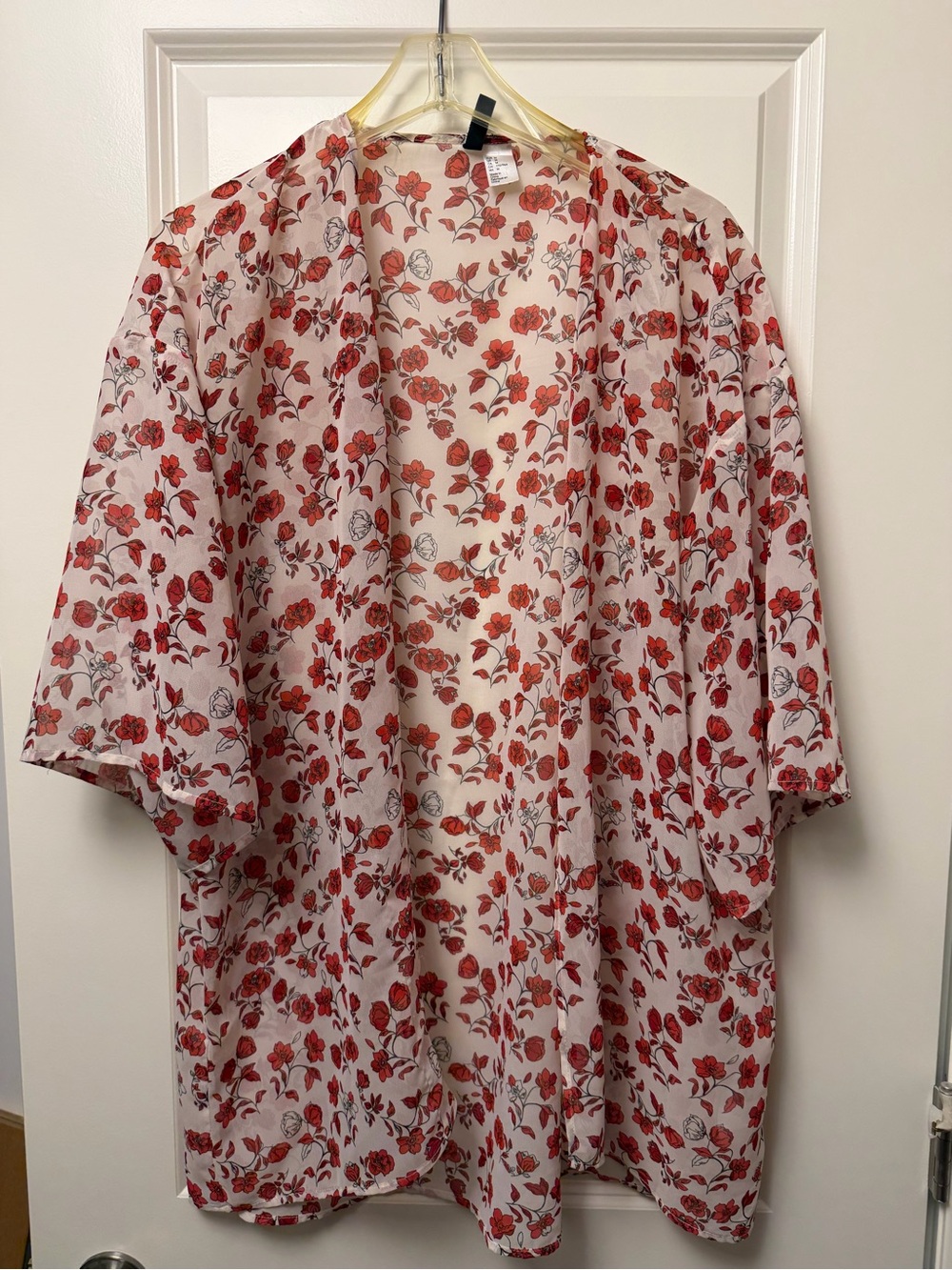 Divided White Kimono Jacket with Red Floral Print